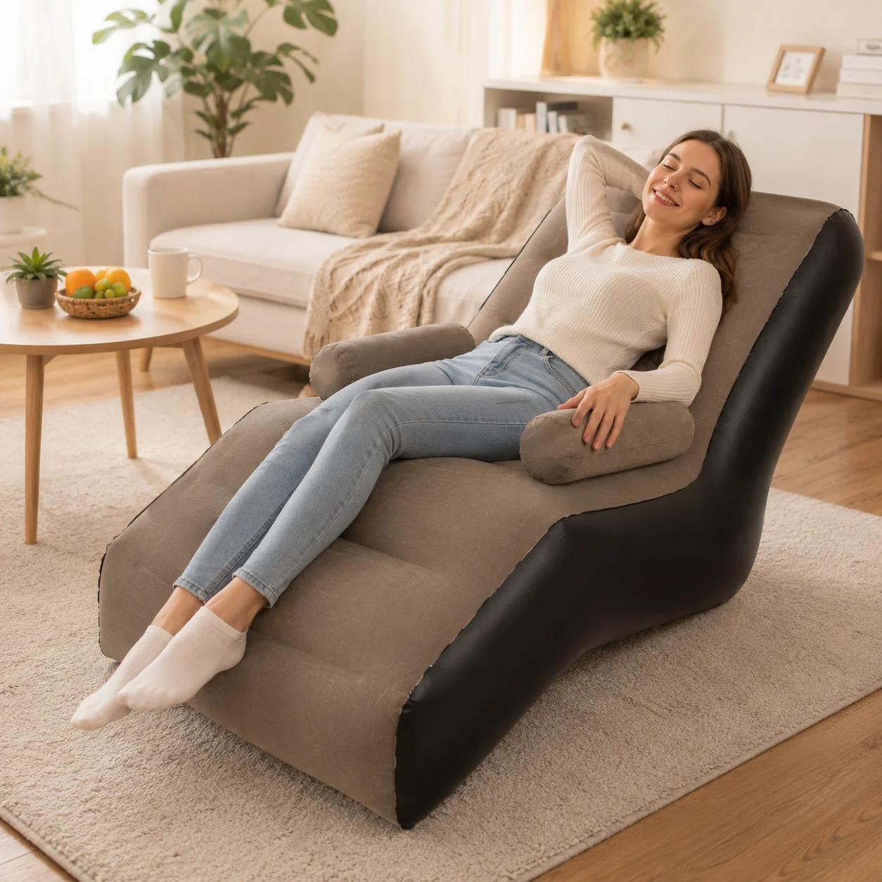 1pc Inflatable Lounge Chair Sofa, Ergonomic Indoor Outdoor Recliner with Armrests, Portable PVC Relaxing Seat for Home