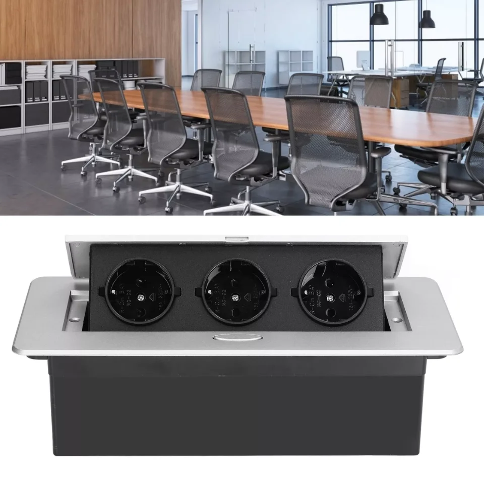 Schuko conference table socket 3 Way aluminum panel floor outlet flip cover built-in table outlet for office kitchen building