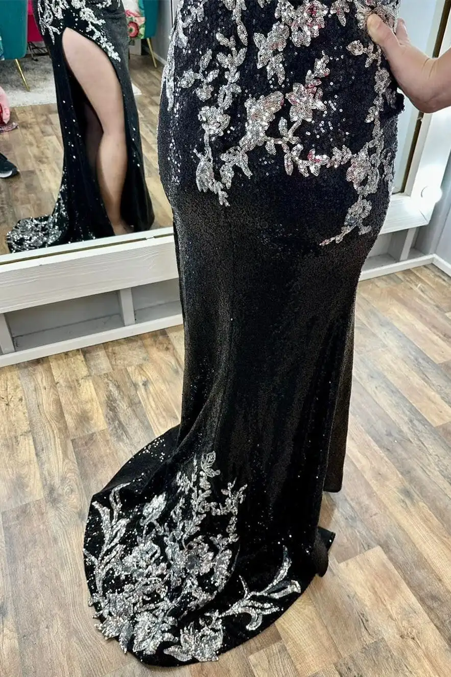 Black Sequin Appliques Spaghetti Strap Long Prom Dress with Slit V-Neck Long Formal Wedding Gown Floor Length Party Dress