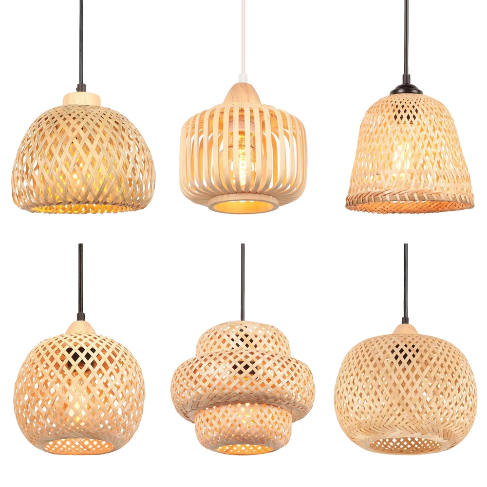 

20/25/30cm Bamboo Hanging Lamp LED Ceiling Chandelier Weaving Pendant Light Fixtures Rattan Woven Home Bedroom Living Room Decor