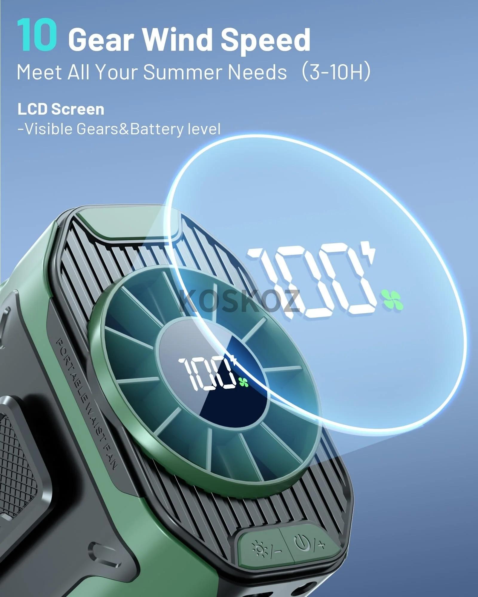 Portable Waist Fan with 10 Speed, Clip on Wearable Personal Fan with Flashlight, Hands-Free Hanging Neck Fans, Outdoor Camping