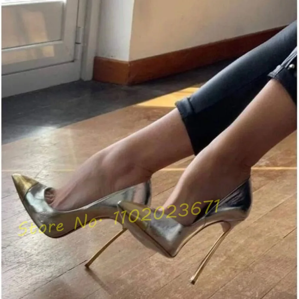 Gold Pointy Toe Patent Pumps Sexy Women Splicing Shiny Metal High Heels Luxury Summer Shoes 2022 Novelty Design For Female Pumps