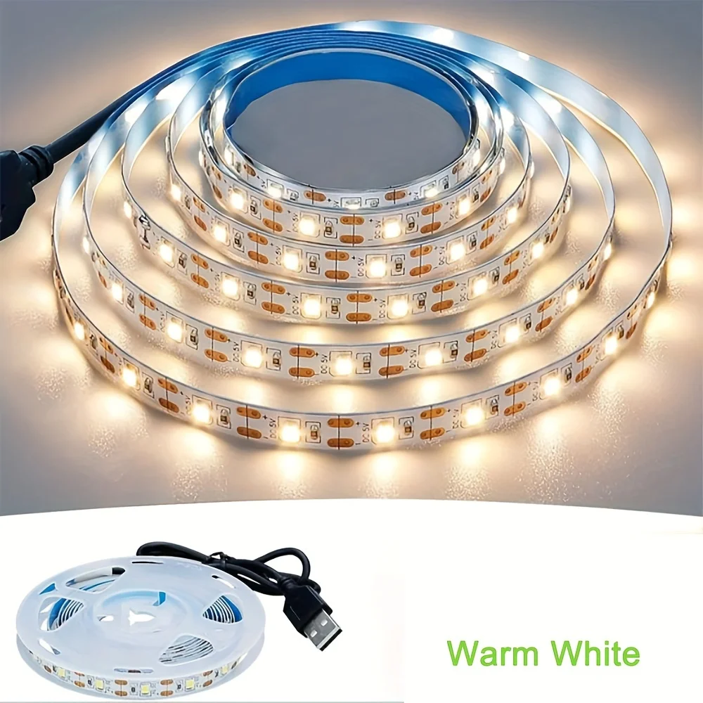 Lampu Strip LED USB 5V, lampu fleksibel warna hangat/putih dekorasi Natal untuk lampu belakang TV DIY kamar tidur lemari dapur