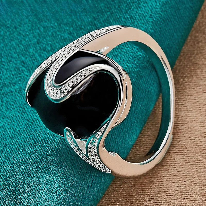 URMYLADY 925 Sterling Silver Okrągły obsydian 7-10 #   Pierścionek dla kobiet ślubny urok zaręczynowy biżuteria — zdjęcie 2