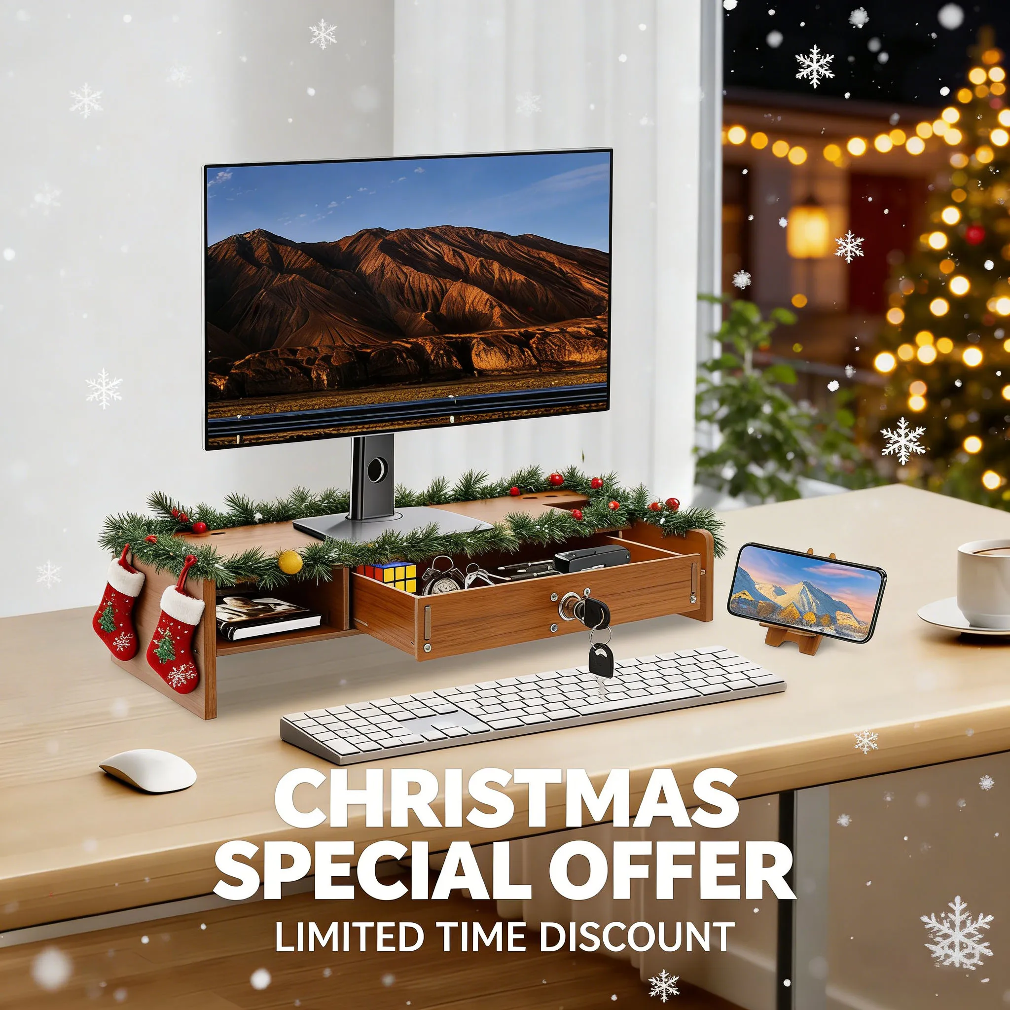 

Monitor Stand Riser, Computer Monitor Stand, Desk Shelf Organizer with Thickened Side, Cherry Wood Finish MDF, Durable Desk Rise