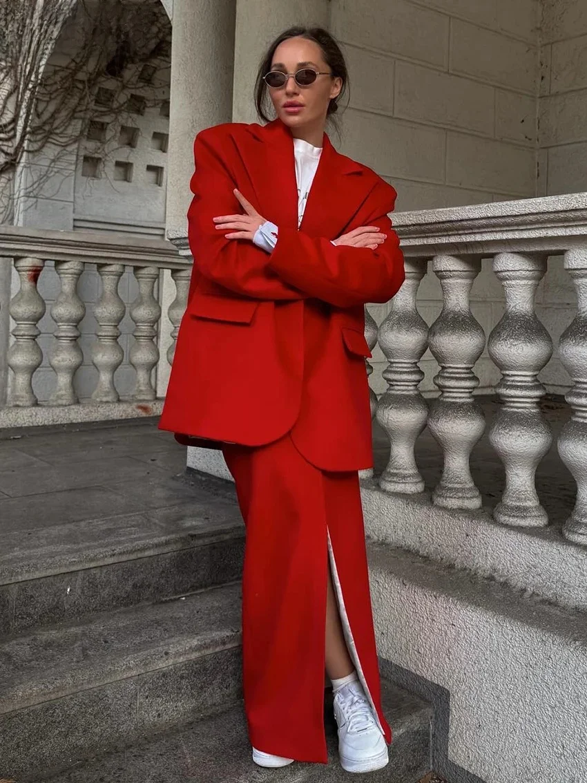 Clacive Fashion Luźny czerwony biurowy dwuczęściowy zestaw damski Elegancka marynarka z długim rękawem i wysokim rozcięciem w talii Długa spódnica Zestaw damski — zdjęcie 2
