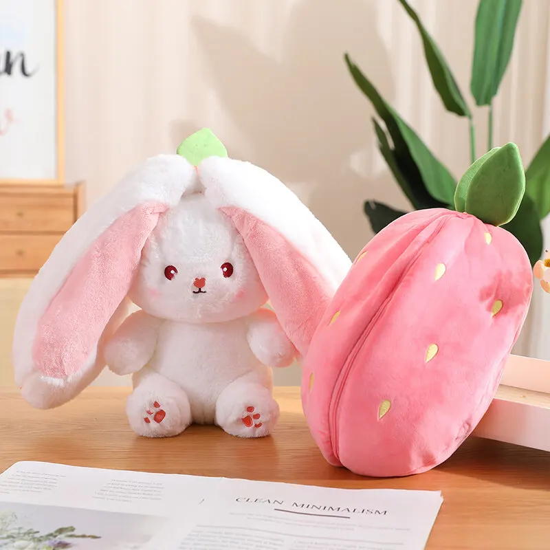 Bunny Stuffed Animal Plush Reversible Strawberry Bunny Plush Doll With Zipper Cute Soft Rabbit Room Decoration Toys For Easter G