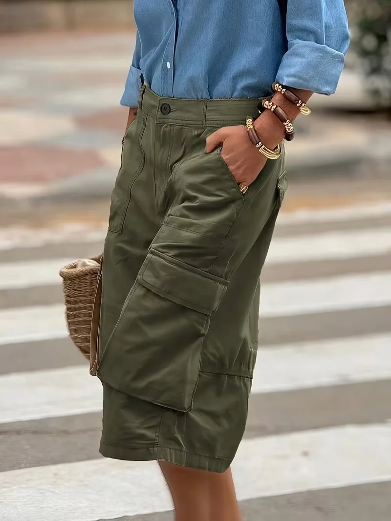 Women's Fashionable Cargo Pants, Casual Loose Fit, Multi-Pocket Solid Color Straight-Leg Pants, Suitable for Everyday Wear