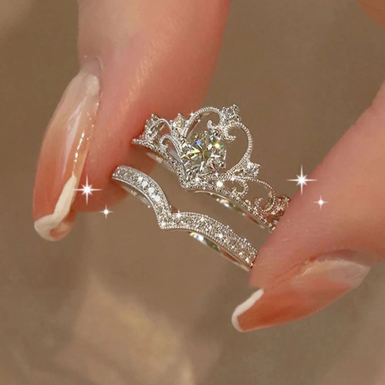 

Princess Crown Ring Set for Women – Silver Plated Tiara Engagement Ring with CZ Diamond