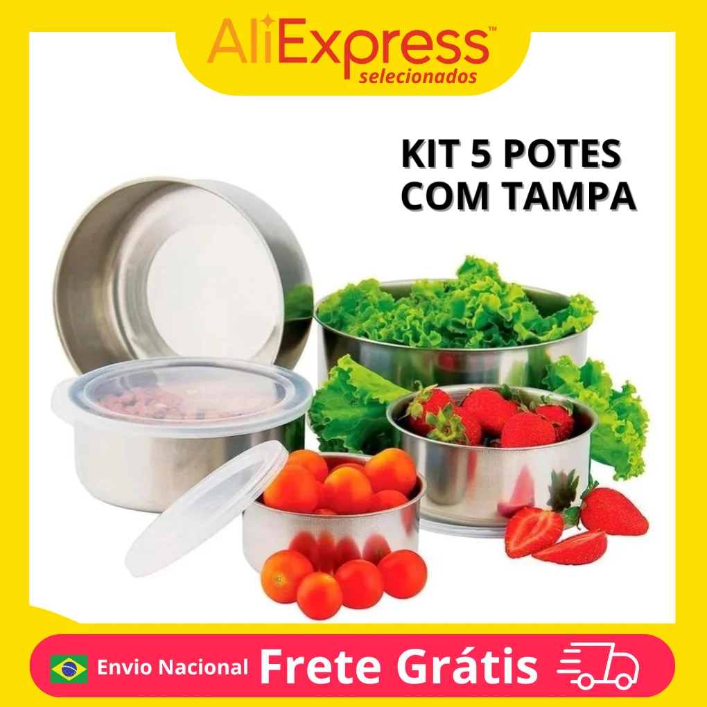 Jogo 5 Potes Tigelas em Inox Alumínio Com Tampa Redondo Praticidade Armazenamento Eficiente e Elegante com Tampa Redonda Inclusa