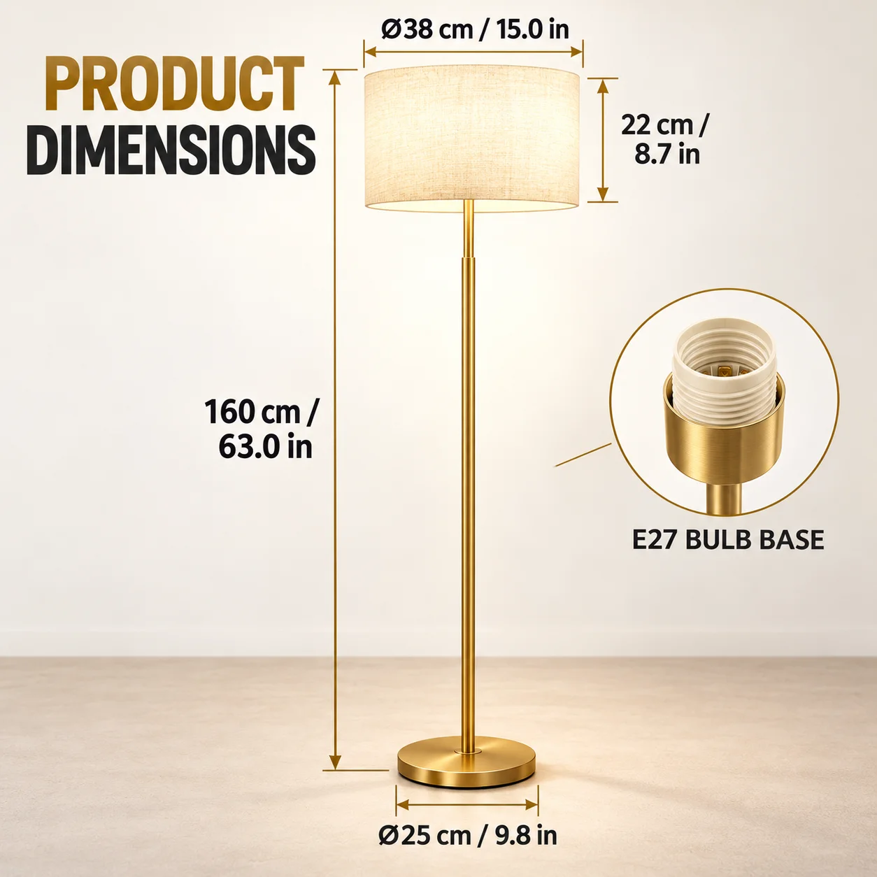 Modern Gold Floor Lamp with Linen Fabric Shade E27 Standing Light 3Color Temperatures for Living Room Bedroom Reading Home Decor