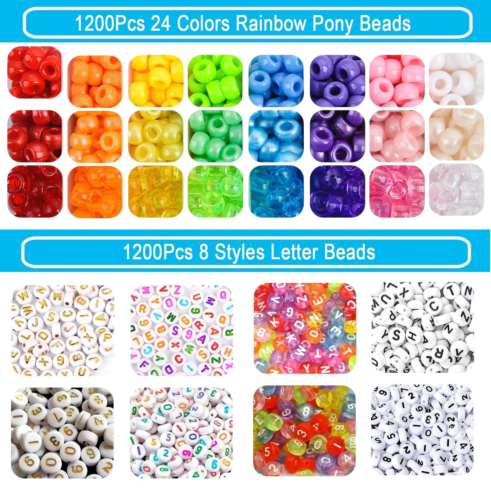 2400pcs Acrylic Pony Kandi Beads Kit Large Hole Hair Beads for Jewelry Making DIY Charm Bracelets Alphabet Letter Beads BOX