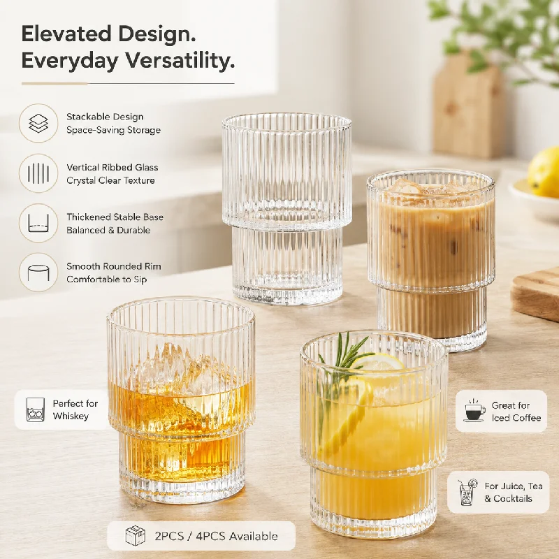 190ml Stackable Ribbed Glass Cup Set 2/4PCS Available Vertical Stripe Design Saves Space Great for Whiskey Iced Coffee Juice Tea - view 4
