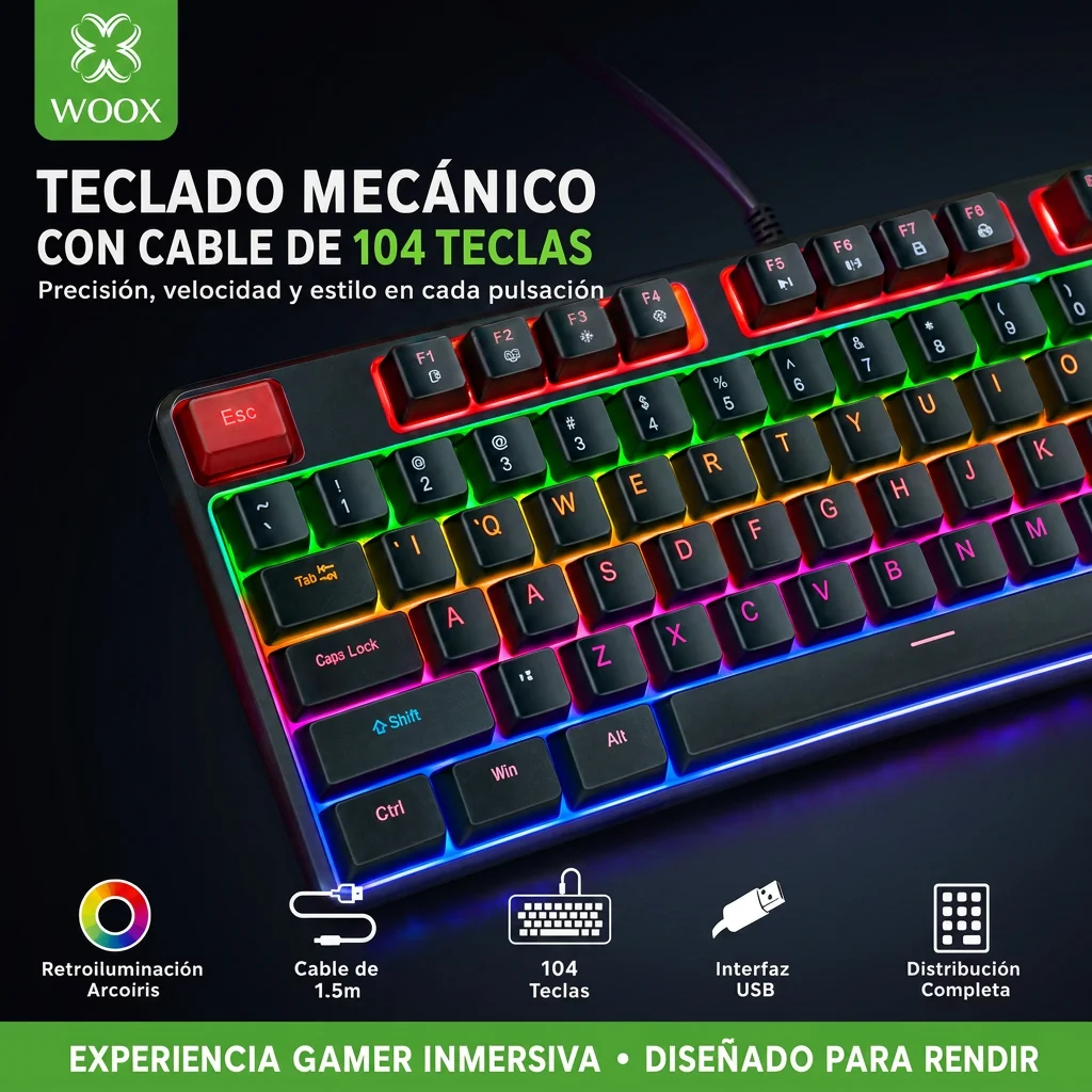 Teclado gaming con cable de 104 teclas, retroiluminación RGB, tacto mecánico, distribución estándar y diseño ergonómico.