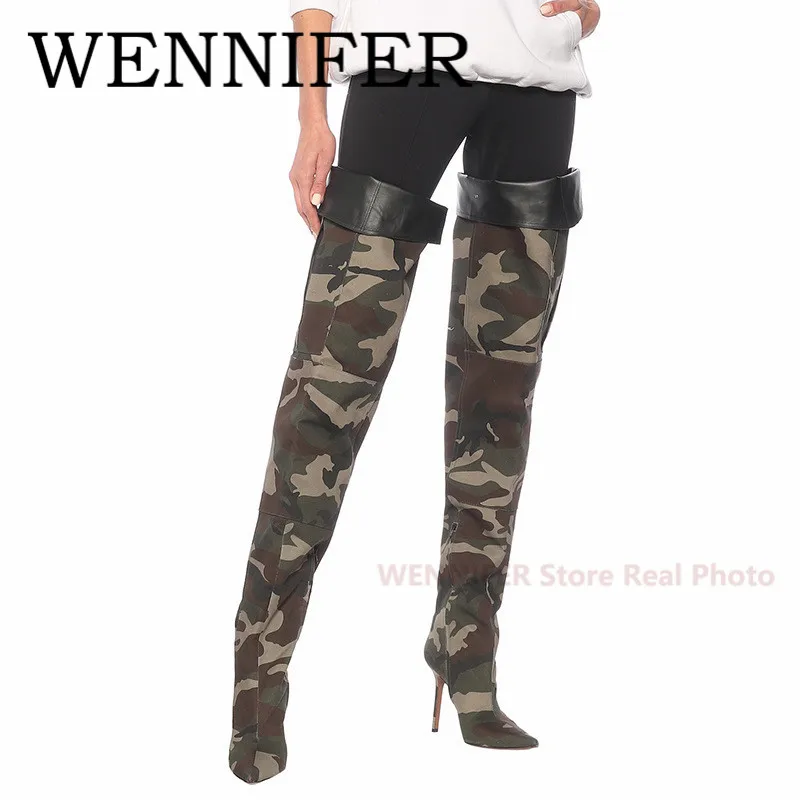 Winter Green Canvas Camo Long Boots Pointed Toe Carpo Wader Thigh-High Boot Women Army Combat Hight Stletto Heels Botas De Mujer