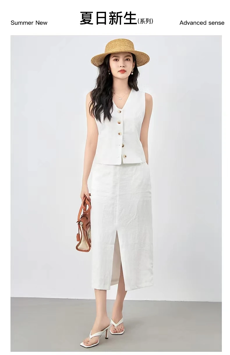 

Elegant High Quality Skirt Sets 2024 For Women Linen Sleeveless Solid V-neck Casual Party Club Summer