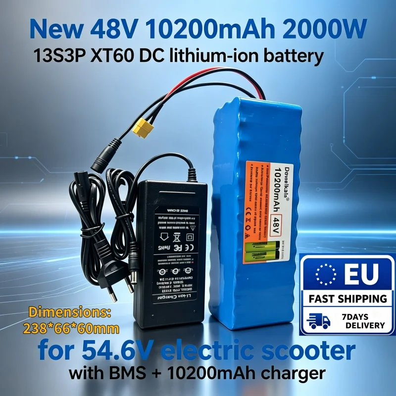 48V 10200mAh 2000W Lithium-Ionen-Akku mit hoher Kapazität für Elektroroller 13S3P XT60 DC mit BMS und Ladegerät, kompatibel mit 54,6V-Rollern