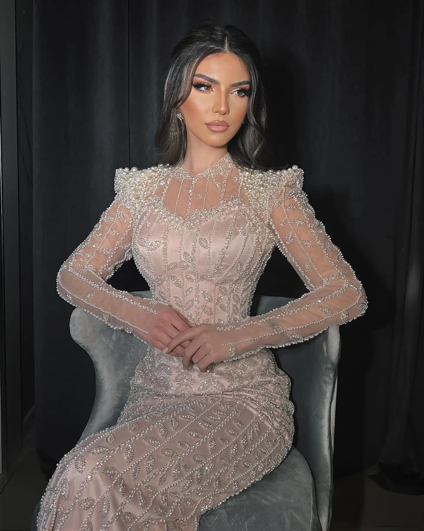 Sharon Said Luxuriöses Dubai Rosa Perlenbesetztes Abendkleid mit Langen Ärmeln Saudi-Arabisches Hochzeits-Bankett-Partykleid SS696 Maßanfertigung – Detail 8
