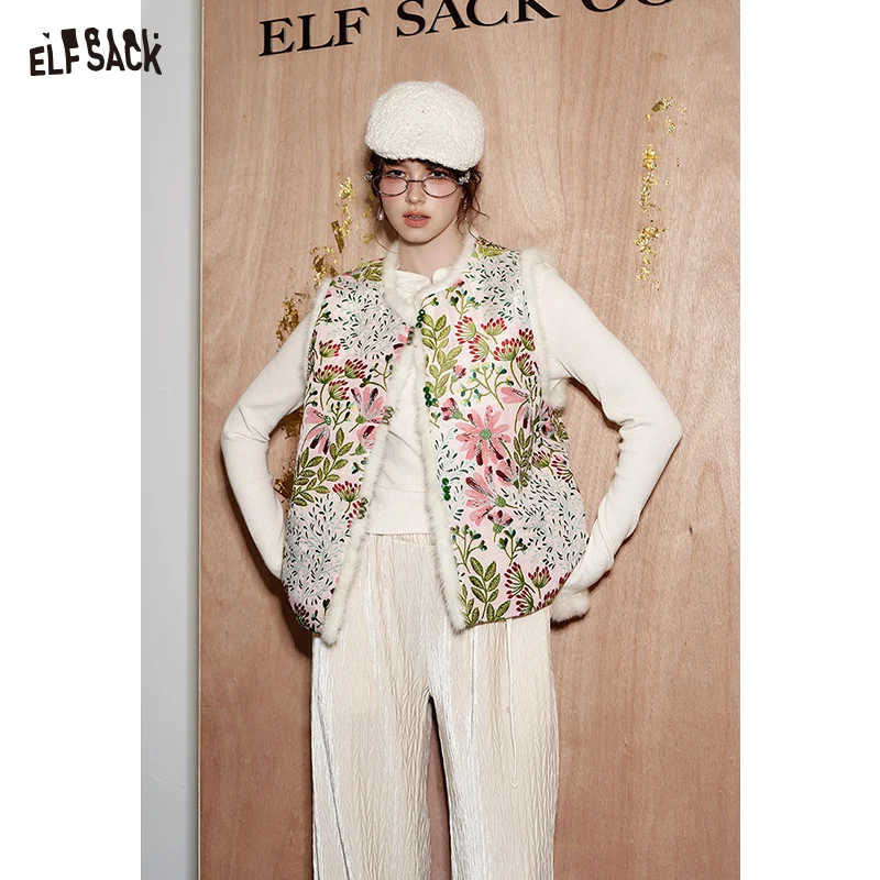 ELFSACK 2024 invierno nuevas llegadas estilo neocino chaleco grueso y cálido para mujeres costura de felpa jacquard Navidad