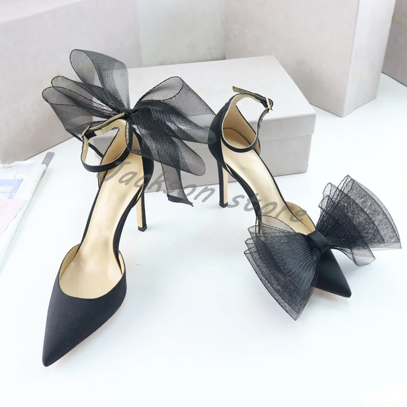 Pointed Toe Butterfly Knot Elegant Dress Shoes Women Party Silk Lace Pumps Ankle Strap Leather Sandals High Heels Summer