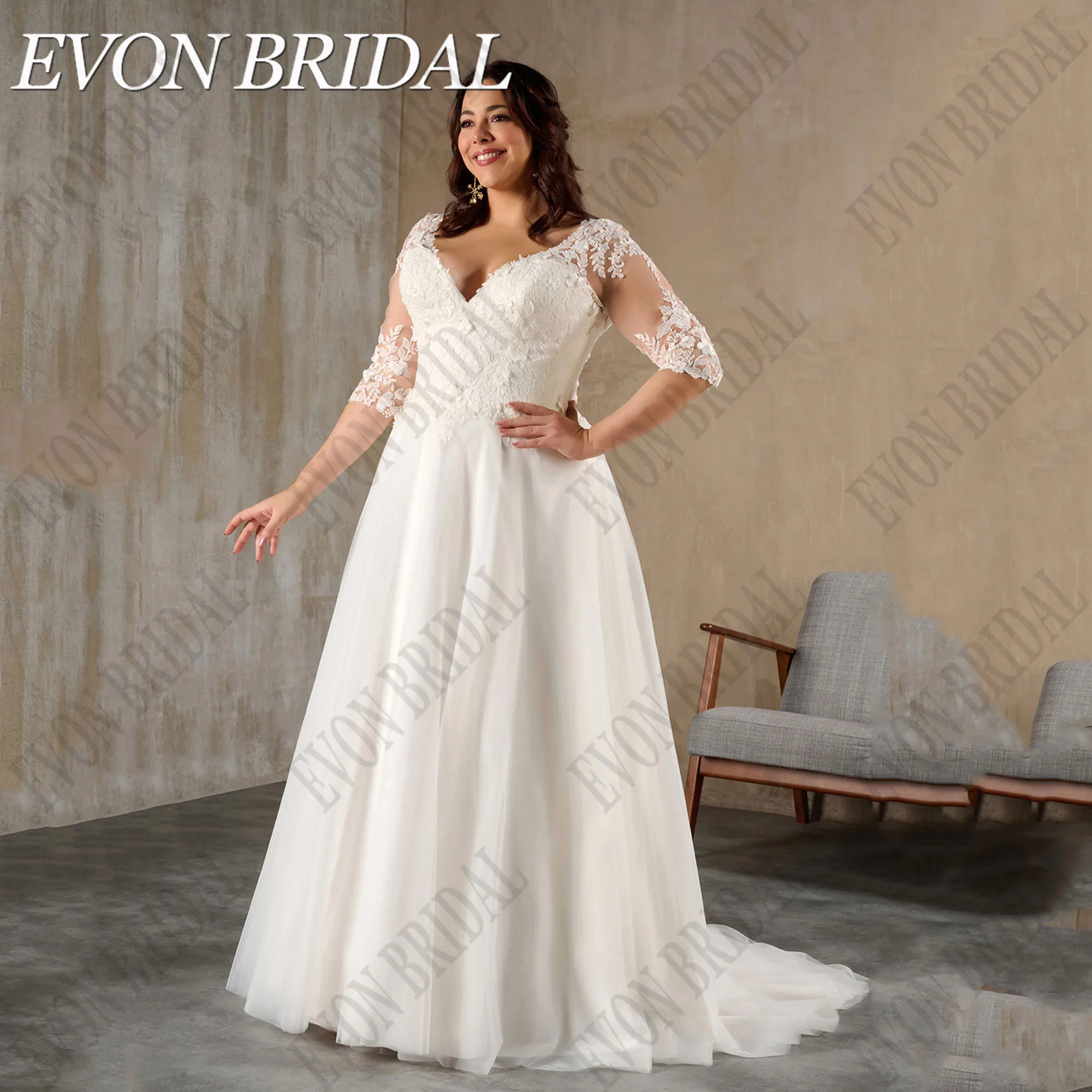 

EVON BRIDAL Customized Plus Size Bohemian Wedding Dresses Applique V-Neck Lace A-Line Bride Dress Half Sleeves Bridal Gown 2025