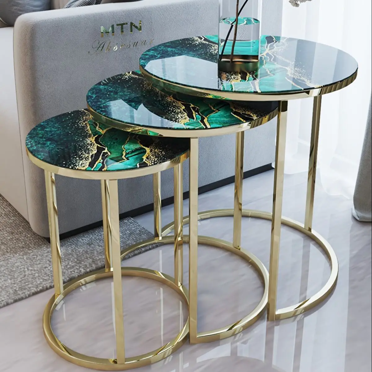 Decorative Gold Green Nesting Table Set of 3 Tempered Glass Luxury Green Lightning Pattern Home Living Room Modern Furniture Set