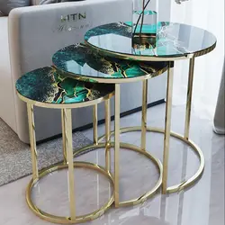 Decorative Gold Green Nesting Table Set of 3 Tempered Glass Luxury Green Lightning Pattern Home Living Room Modern Furniture Set