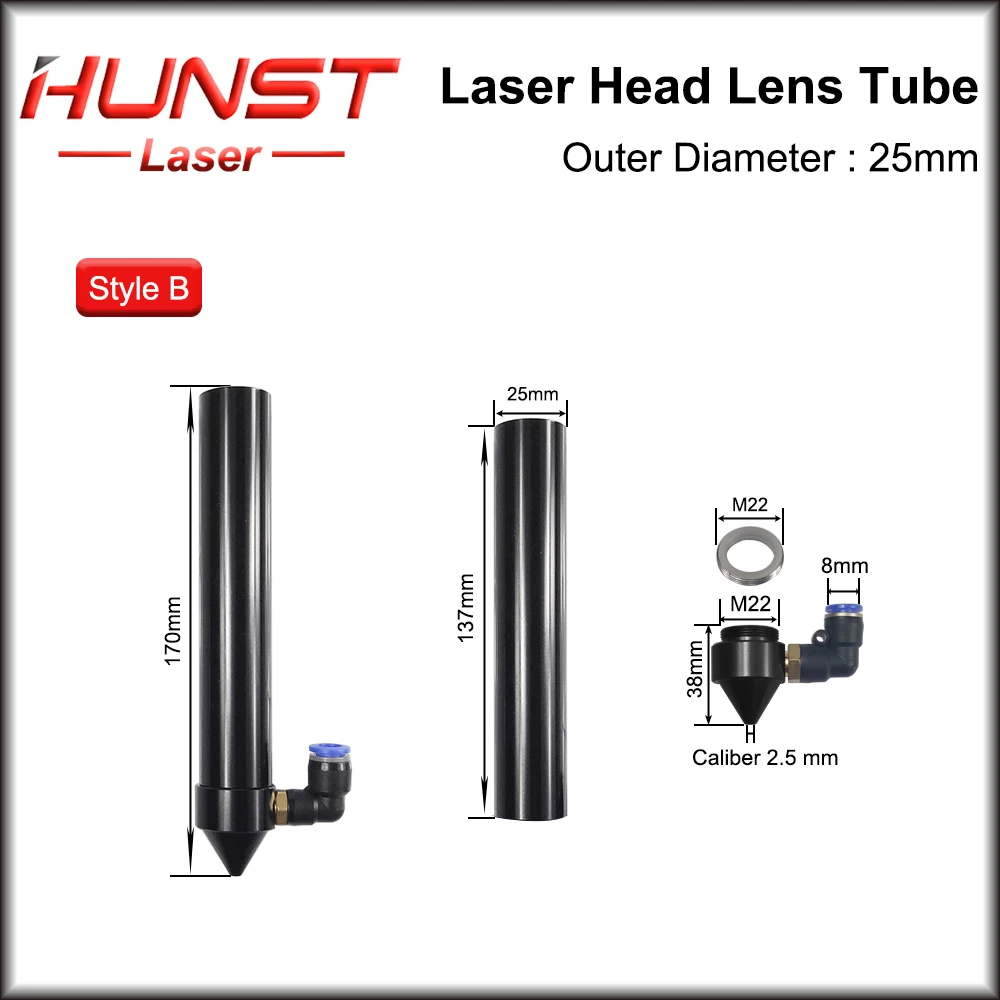 HUNST CO2 Laser Head Lens Tube & Air Nozzle Outer Diameter 25mm for Lens Dia.20 FL 50.8/63.5mm for CO2 Laser Cutting Machine