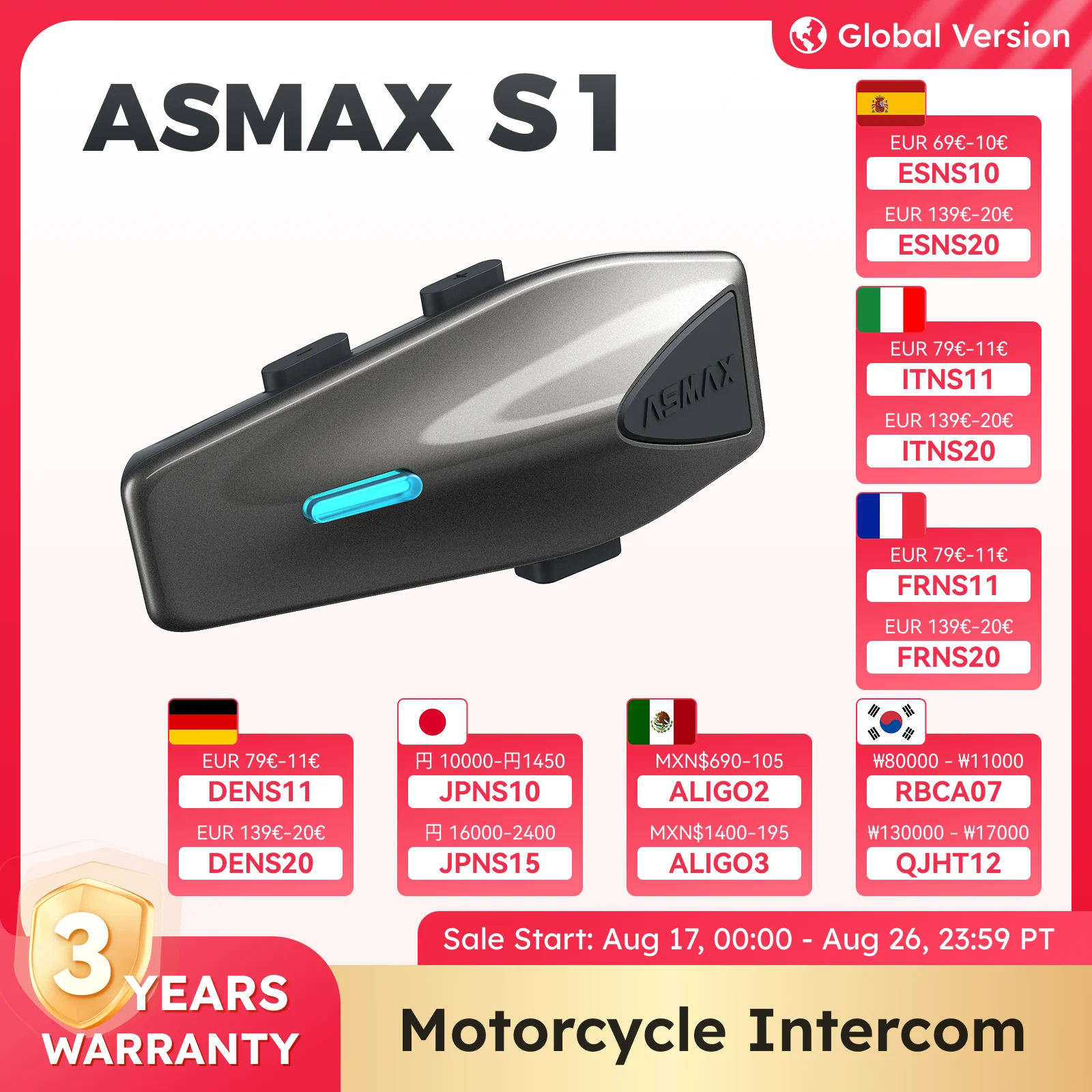 ASMAX S1 Bluetooth-Motorrad-Gegensprechanlage, 8-Fahrer-Kommunikations-Headset mit FM- und ENC-Mikrofon, Sprachsteuerung, IPX7 wasserdicht