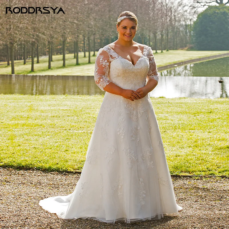 Roddrsya Plus Size Trouwjurken 3/4 Mouw Applique Vestido De Novia Classic V-Hals Bruidsjurk Voor Vrouwen Veterschoenen Op Maat Gemaakt