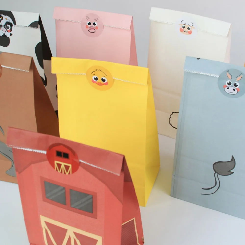 24pcs farm animal paper gift bag, foldable sticker seal suitable for packaging party gifts, candies, pastries, and various items