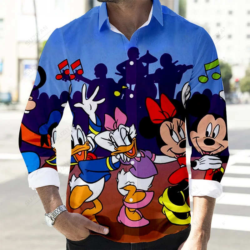 2022 Fall Newest Casual Button Long Sleeve Shirts Disney Mickey Donald Duck and Goofy 3D Full Print Fashion Men\'s Lapel Tops