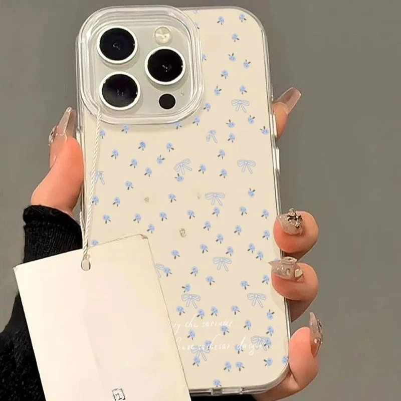 Coque de téléphone pour iPhone 11 12 13 14 15 16 Pro Max 16E X XR XS Max 7 8 Plus, petite coque souple antichoc à motif de fleurs bleues fraîches