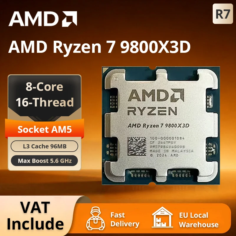 Processeur de bureau AMD Ryzen 7 9800X3D – 8 cœurs, 5,6 GHz Boost, 96 Mo de cache L3, 120 W TDP, AM5, refroidisseur non inclus