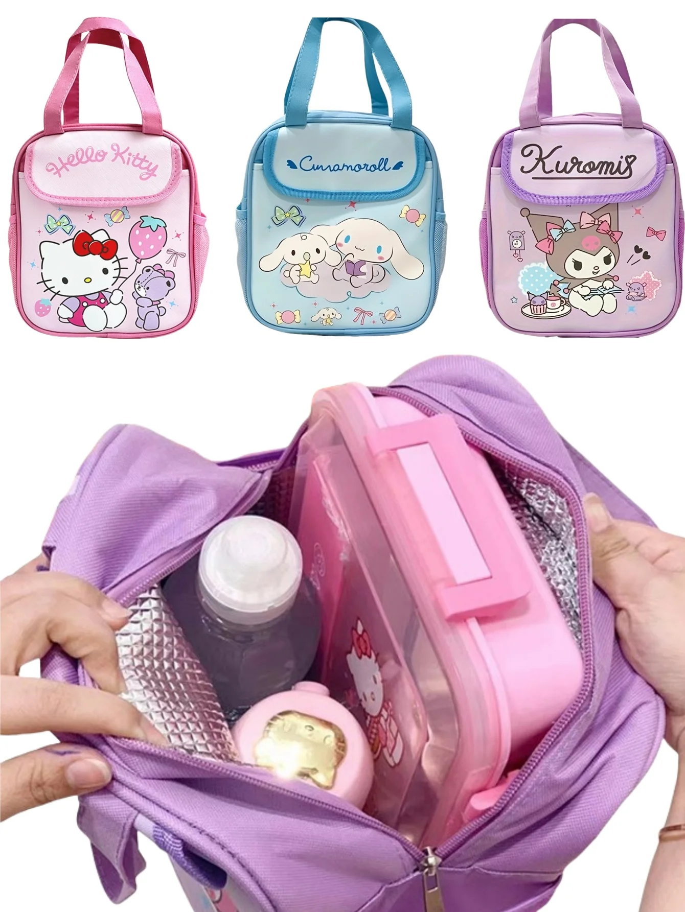 1pc Insulated Fashionable Portable Lunch Bag Cute Cartoon HelloKitty Kuromi Cinnamoroll Design Reusable Lunch Box