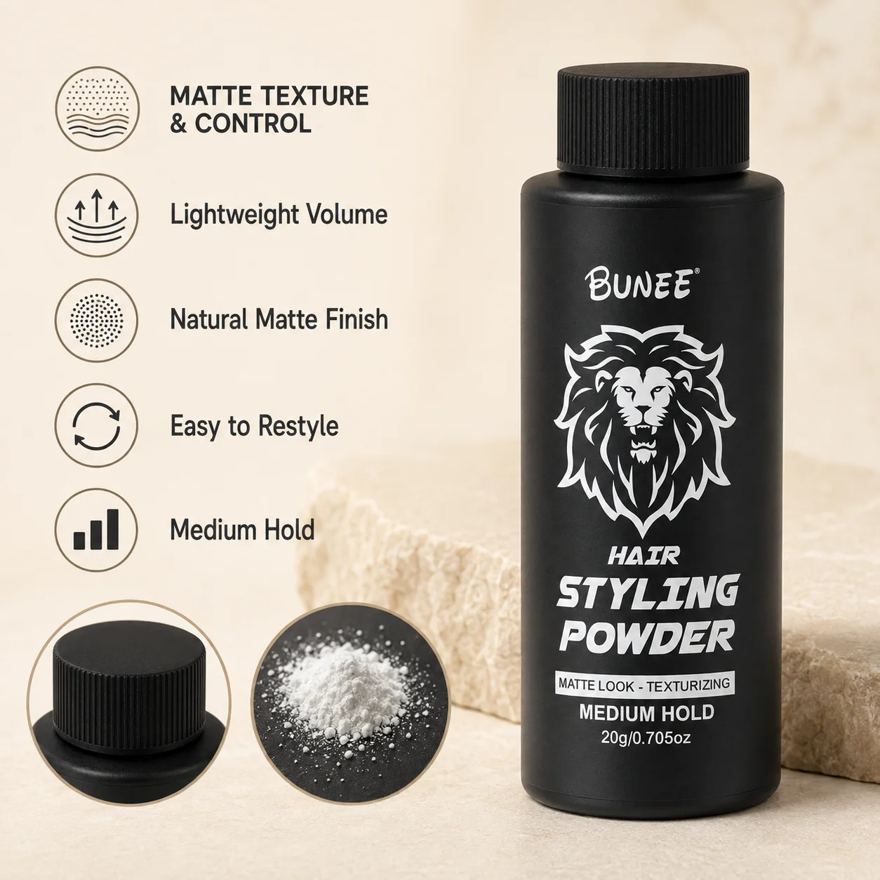 BUNEE Hair Styling Powder 20g, Root Volumizing Texturizing Powder with Matte Finish, Lightweight Medium Hold Hair Styling Powder
