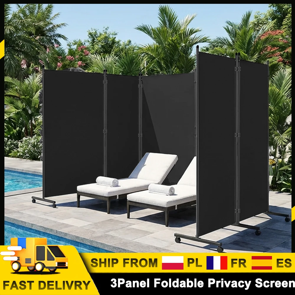 Écran d'intimité pliable 2,6x1,8m à 3 panneaux, portable, avec base robuste et rotation à 360° °   Charnières pliantes pour bloquer la lumière du soleil, créant des espaces privés pour les bureaux,