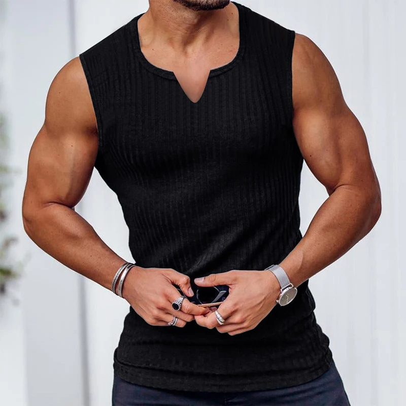 Men\'s Knitted Tank Top Summer Fitness Sports Vertical Stripe Pullover Top H-shaped V-neck Wide Shoulder Casual Slim Fit Tank Top