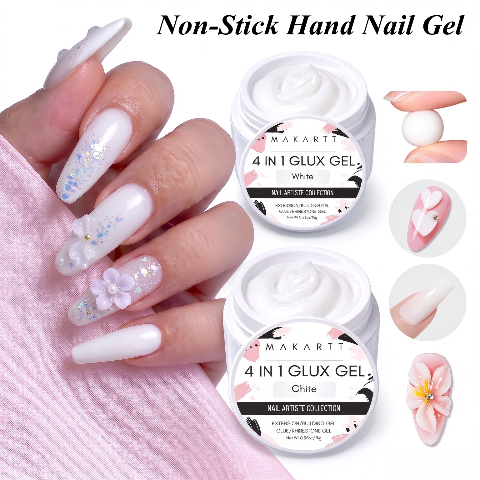 Makartt 4-in-1 3D Sculpting Gel White 15ml - Non-Stick Solid Builder for Nail Extension, Carving Flower & DIY Art Decoration