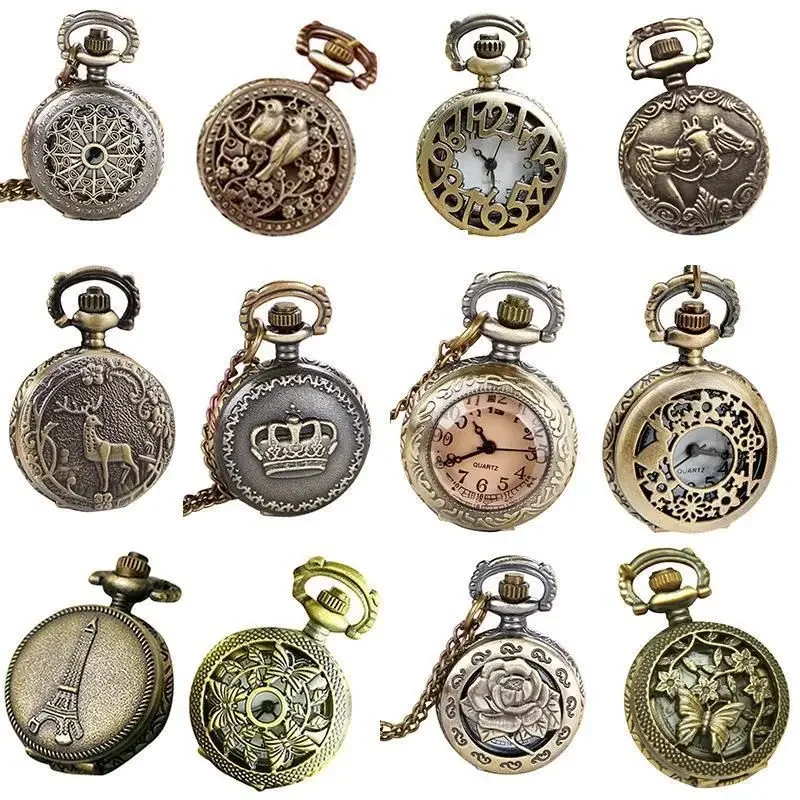 Portmonetka Vintage mały zegarek Steampunk kwarcowy zegarek na łańcuszku Hollow etui w serca naszyjnik brązowy kolorowy ze stopu Fob zegar prezent dla mężczyzny — zdjęcie 2