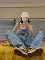 Women Denim Bib Overalls Vintage Hamburger Print Splash Ink Cargo Wide Leg Jumpsuit 2026 Y2K Streetwear Loose Baggy Suspender Jeans Pants