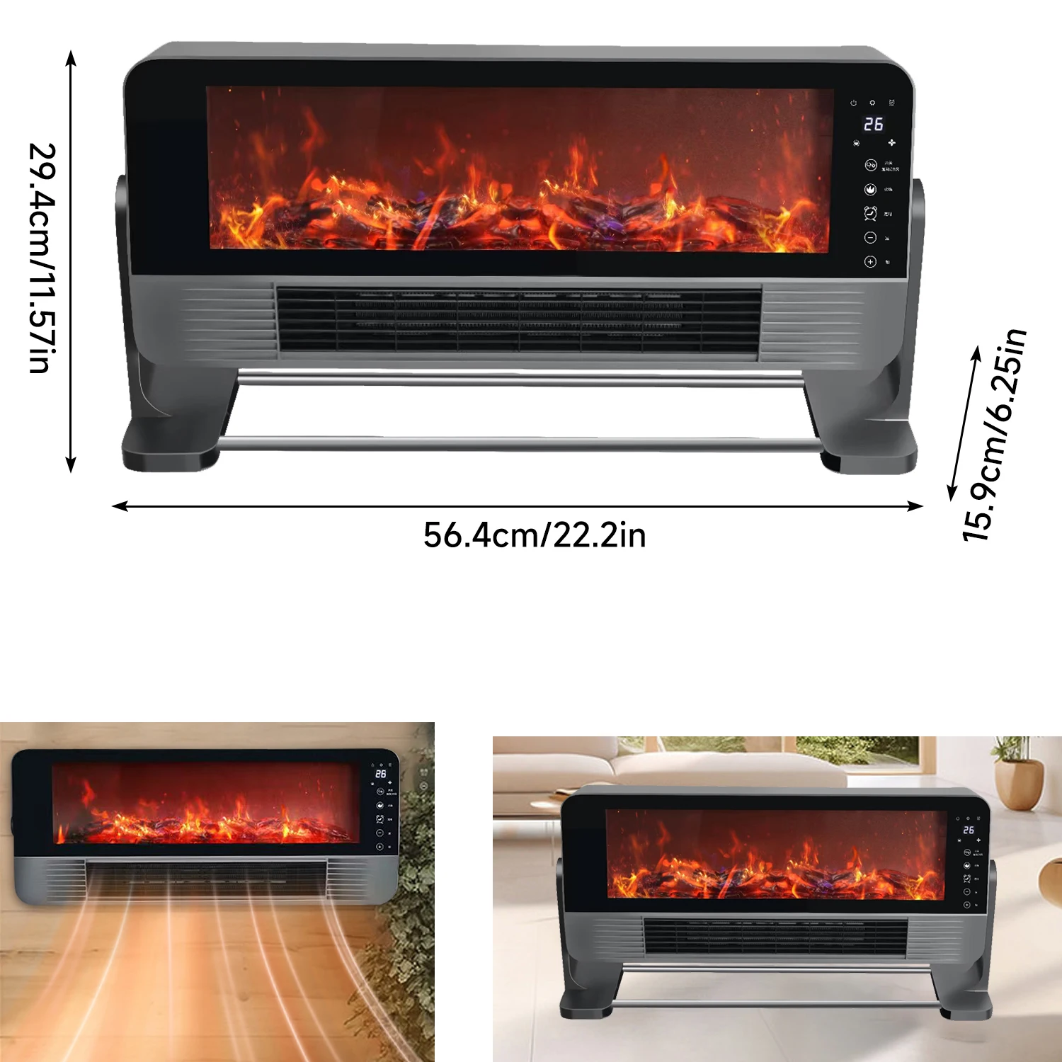 2000W Remote Control Electric Fireplace Heater Simulation Flame Wall Mounted Heater Blowing LED Display Screen Desktop Warm Fan