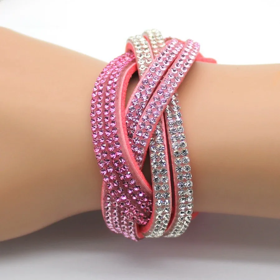 XQNI marka ręcznie robione kryształowe skórzane bransoletki damskie bransoletki modna marka różowy Rhinestone pleciony Charm bransoletki biżuteria — zdjęcie 2