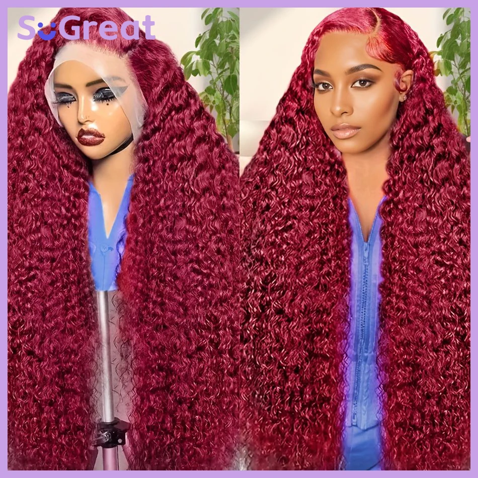 13x4 Deep Wave Frontal Wig Curly Human Hair Wig Burgundy Wig 99j HD Lace Frontal Wig 13x6 200 Density Pre Plucked on sale