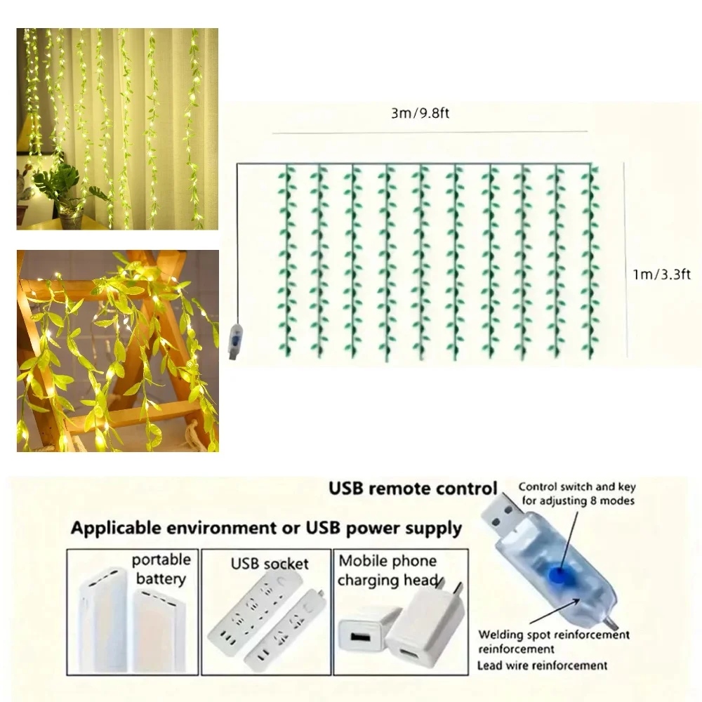 Lampada per tende a vite con foglie di salice da 3 m 100 LED alimentata tramite USB con 8 modalità per camera, camera da letto, vacanze, decorazioni festive per interni