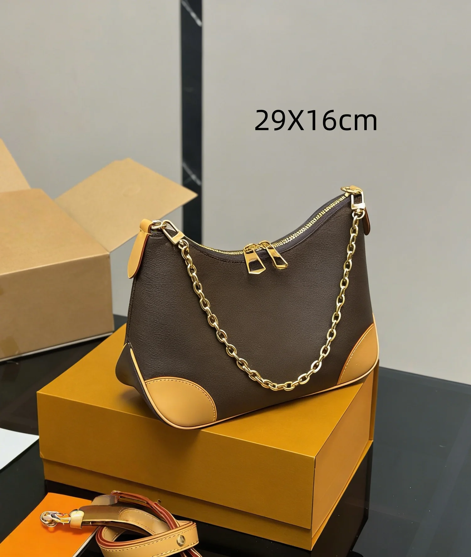 2025 nuevo bolso de mujer de moda 29X16CM bolso de croissant de cuero amarillo Vintage bolso de hombro/bolso con accesorios sin caja