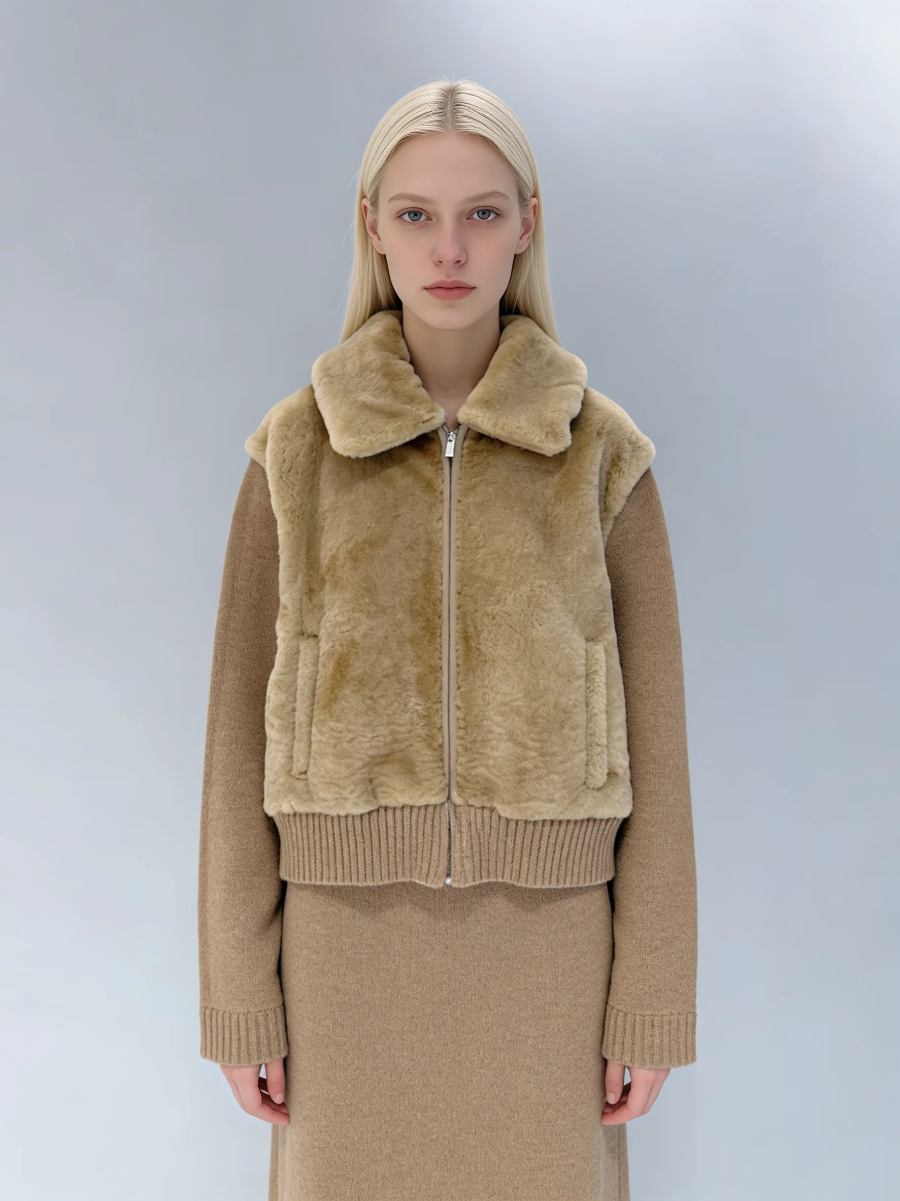 

Fashion Women’s Wool Faux Fur & Knit Patchwork Cashmere Jacket Lapel Collar Zipper Short Warm Outerwear