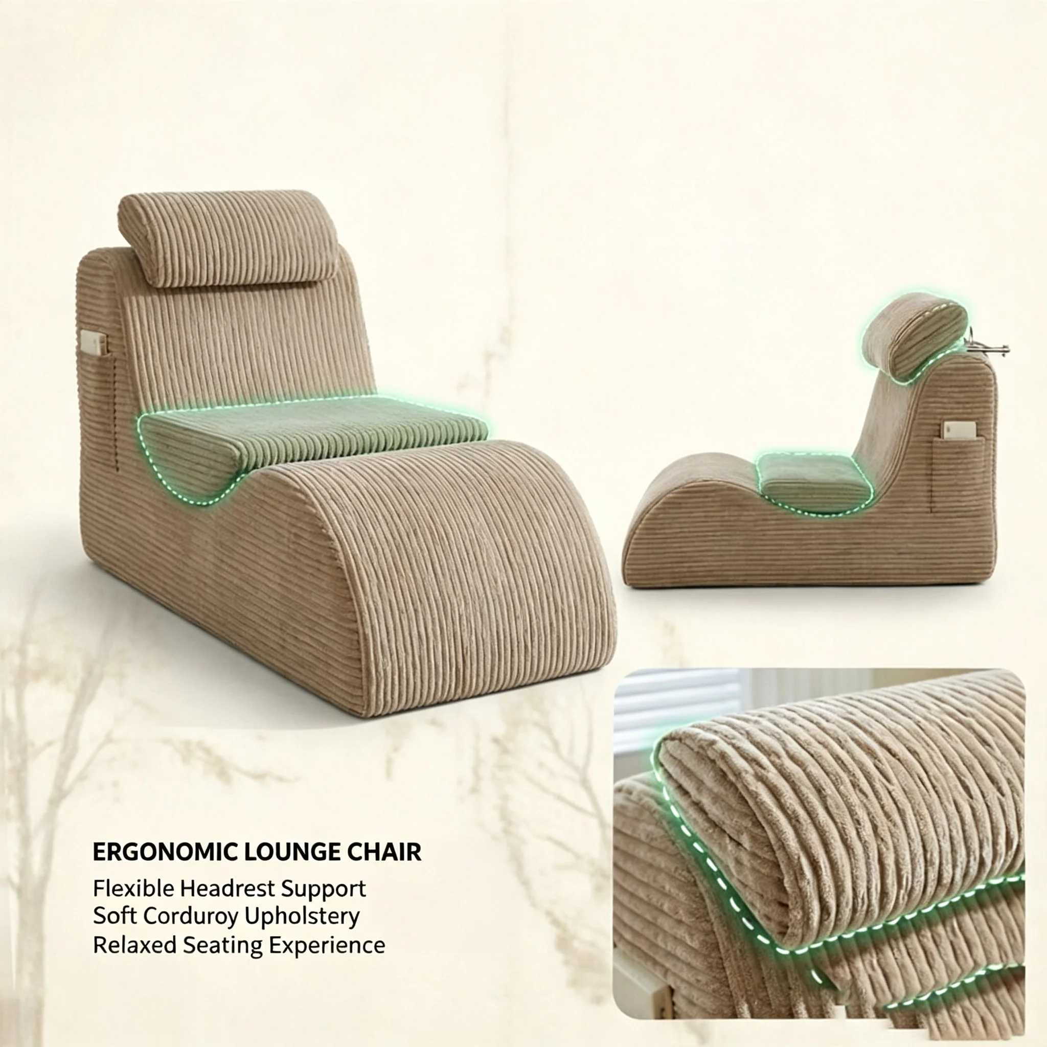 Chaise longue ergonomique en flanelle rayée, fauteuil de sol individuel inclinable avec ottoman détachable et poche latérale, fauteuil d'appoint avec housse amovible et lavable pour la lecture, le jeu, la chambre, le salon et l'appartement