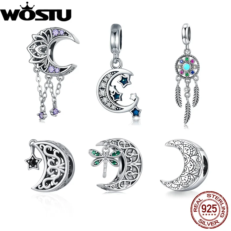 WOSTU 925 Sterling Silver Moon & Stars Dangle Charm Zirconia Beads Making DIY Original Bracelet For Women Silver Jewelry