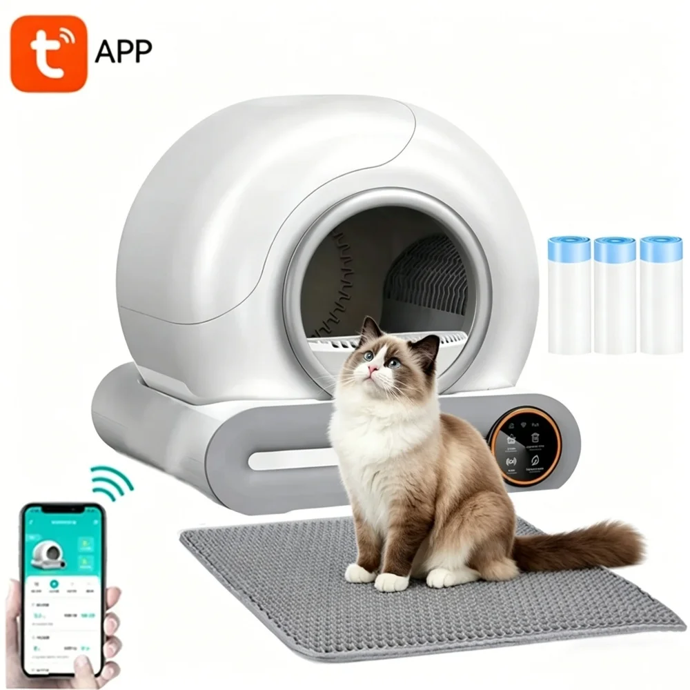 Slimme zelfreinigende kattenbak, 65L grote capaciteit automatische kattentoilet met WiFi mobiele app-afstandsbediening, automatische reiniging & afvalverwerking, effectieve geurverwijderaar, - afbeelding 2